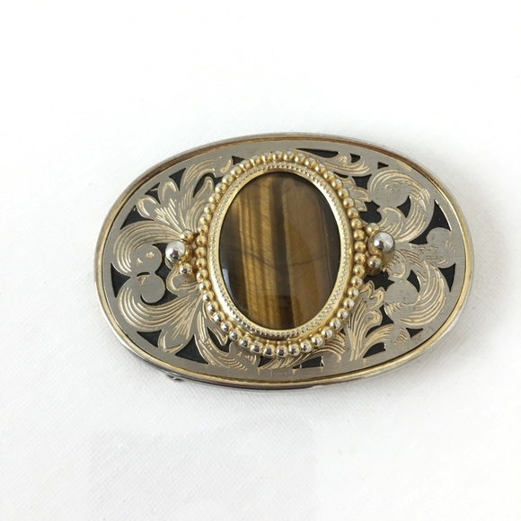 Tiger's Eye Western Style Belt Buckle Oval Gold Silver Filigree Finish Unisex - Picture 4 of 10